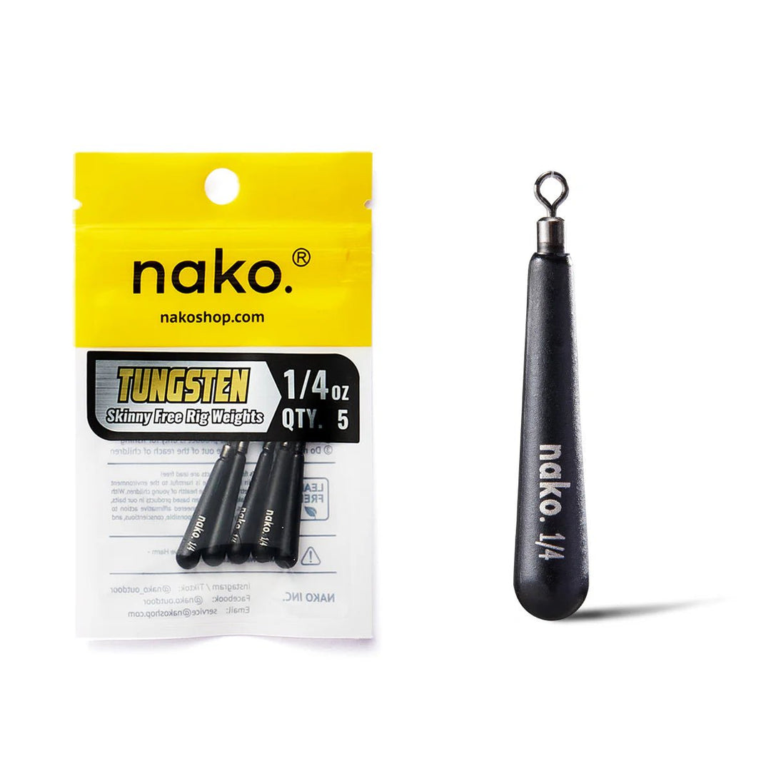 NakoNako Skinny Free Rig Tungsten Weights - Tungsten WeightsNako tungsten sinker package with a black sinker on a white backgroundWSFR1 - 4 - 5P