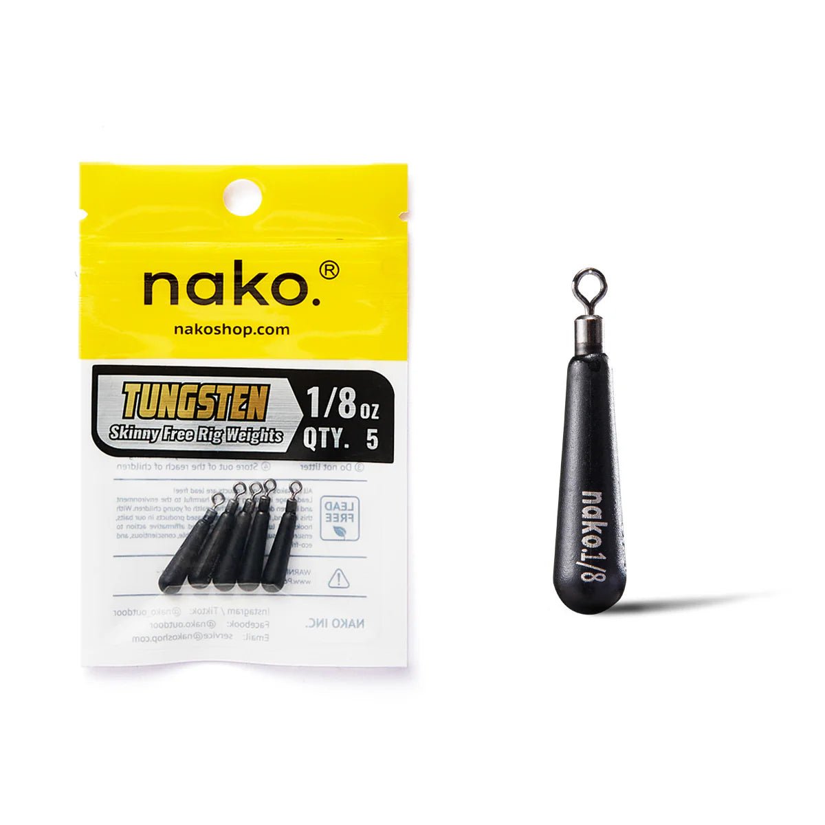 NakoNako Skinny Free Rig Tungsten Weights - Tungsten WeightsNako tungsten sinker packaging with a black sinker on a white backgroundWSFR1 - 8 - 5P