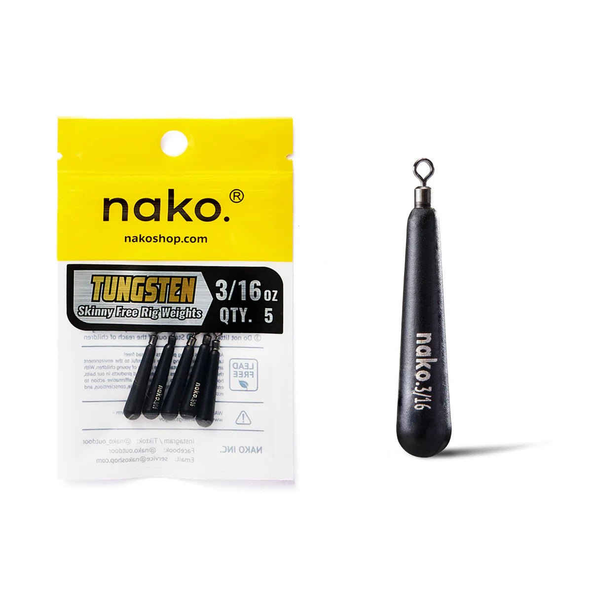 NakoNako Skinny Free Rig Tungsten Weights - Tungsten WeightsNako tungsten sinker with packaging on a white backgroundWSFR3 - 16 - 5P