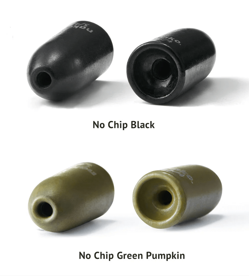 NakoNako Tungsten Worm Weights - Tungsten WeightsTwo black and two green pumpkin - colored fishing lure bodies on a white background.WWW1 - 16 - 5P - GP