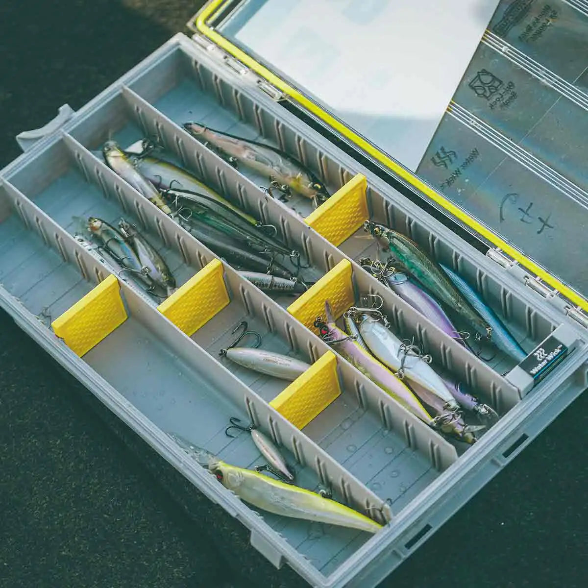 Fishing lure box with various lures inside on a dark surface