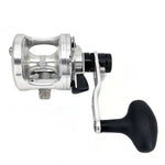 Fishing reel with metallic body and black handle on a white background