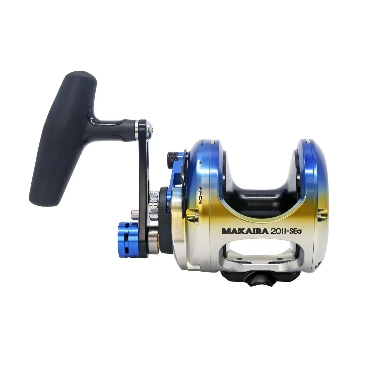 A Makaira 2011 Sea fishing reel with a black handle, featuring a metallic body with a blue-to-yellow gradient and silver accents, shown on a plain white background.