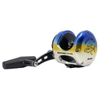 A Makaira 20H-165 fishing reel with a black handle and a metallic body featuring a blue-to-yellow gradient and a yellow fish graphic, shown on a plain white background.