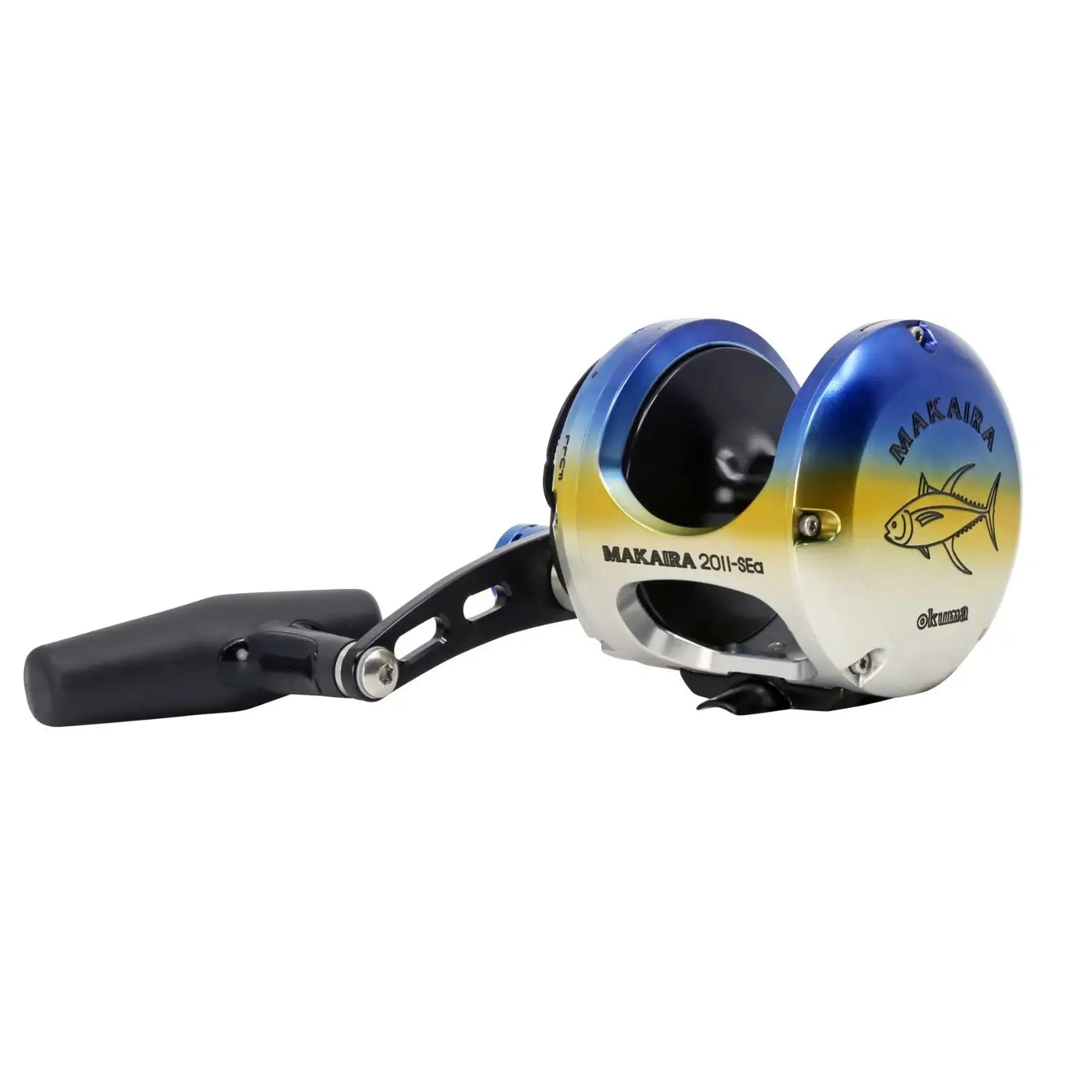 A Makaira 20H-165 fishing reel with a black handle and a metallic body featuring a blue-to-yellow gradient and a yellow fish graphic, shown on a plain white background.