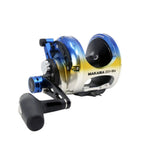 A Makaira 2011-850 fishing reel with a metallic blue, yellow, and silver gradient body, a black handle, and blue accents, shown on a solid white background.