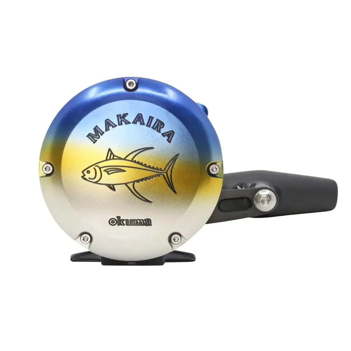 A Makaira fishing reel with a blue-to-yellow gradient top half, a yellow fish graphic, and a black handle, shown on a plain white background.