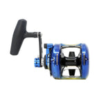 A blue and black baitcasting fishing reel with a black handle, shown from a side profile view on a solid white background.
