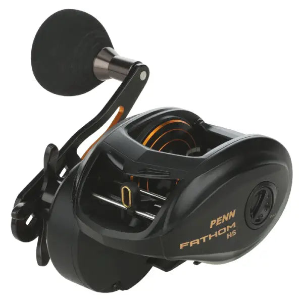 Fishing reel with 'Penn Fathom' branding on a white background