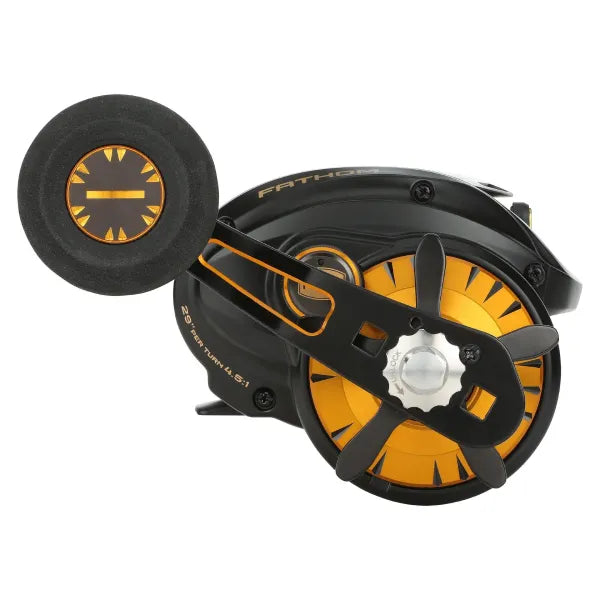 Fishing reel with black and orange design on a white background