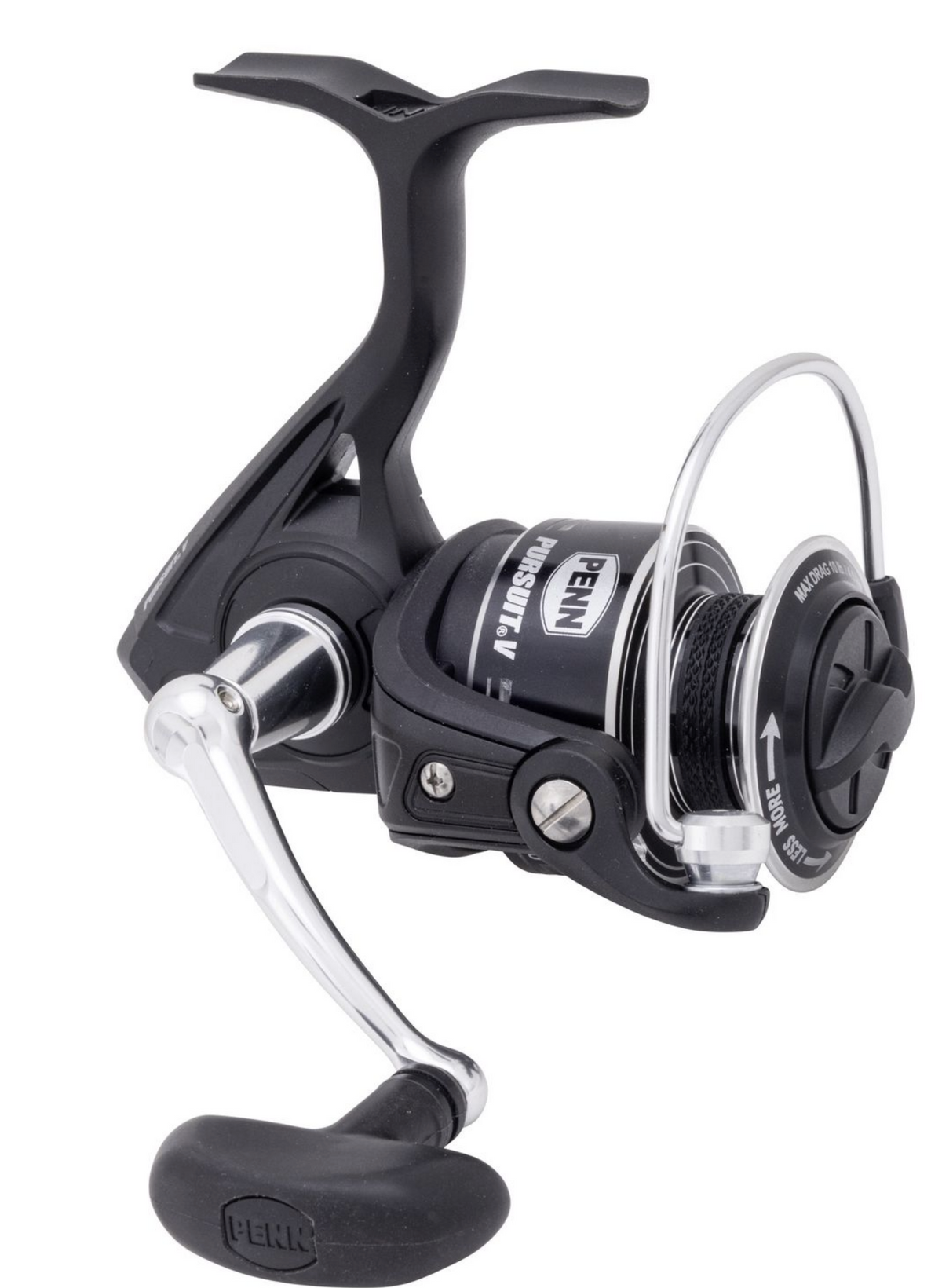 Fishing reel with black and silver design on a white background
