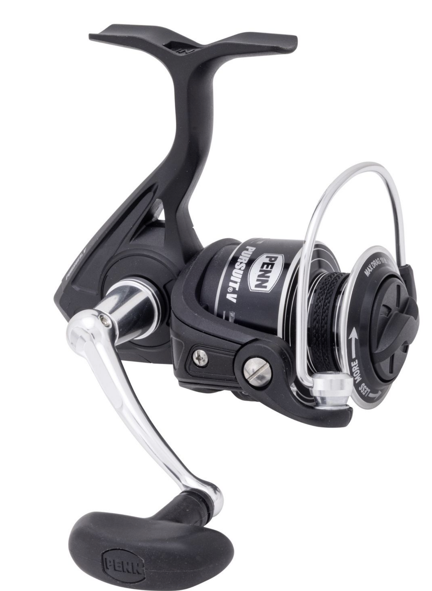 Fishing reel with black and silver design on a white background