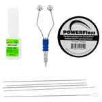PowerPro Hollow-Acid sewing thread kit including a spool of PowerFloss natural fiber sewing thread, a bottle of Zap-A-Gap medium CA adhesive, a blue and silver metal thread holder, and five long metal thread spools on a white background.
