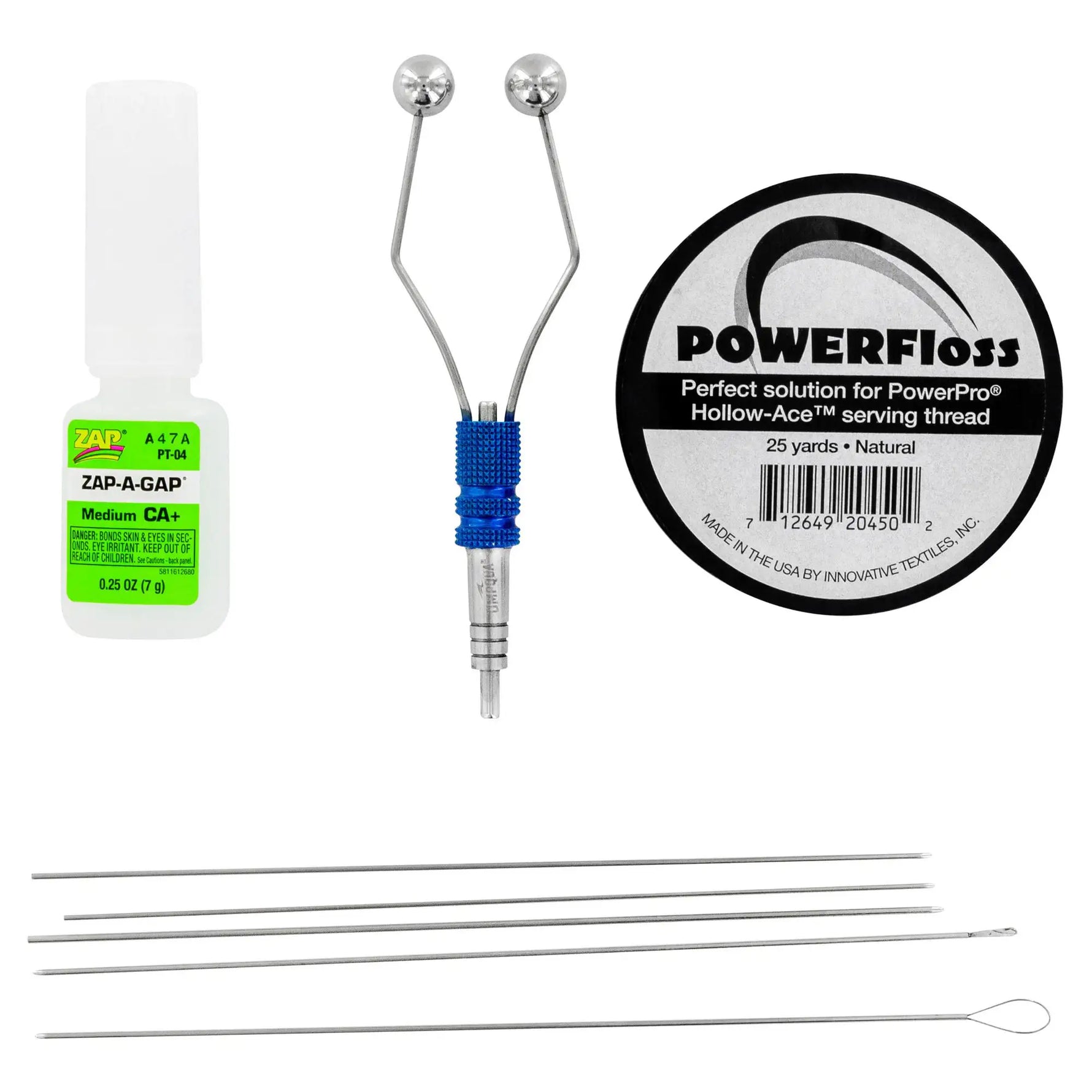 PowerPro Hollow-Acid sewing thread kit including a spool of PowerFloss natural fiber sewing thread, a bottle of Zap-A-Gap medium CA adhesive, a blue and silver metal thread holder, and five long metal thread spools on a white background.