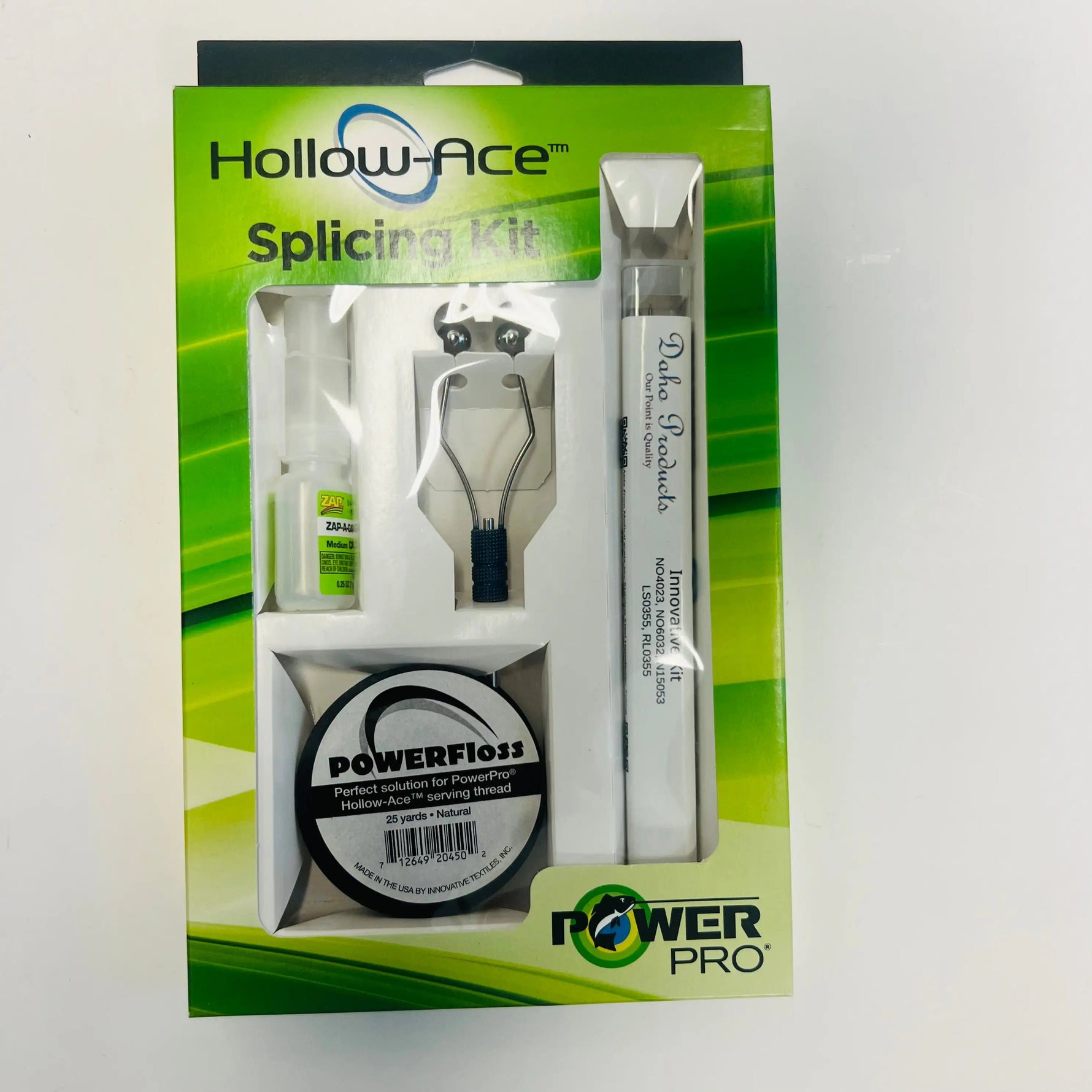 Hollow-Ace Splicing Kit by Power Pro, containing a splicer tool, adhesive spray, and PowerFloss tubing, packaged in a green and white cardboard box.