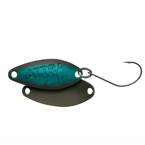 Teal and black fishing lure with 'ATTRA' branding on a white background