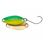Fishing lure with green and gold colors on a white background