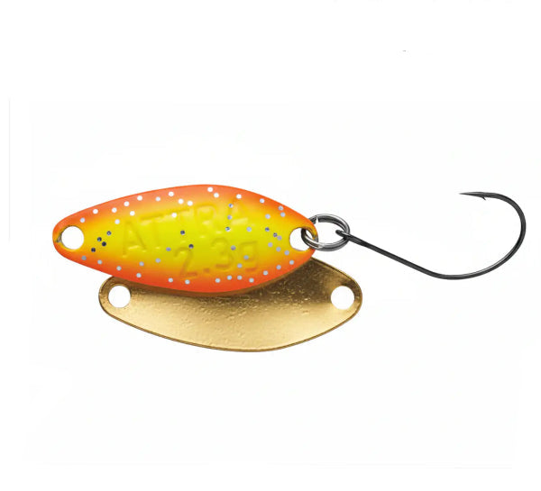 Fishing lure with orange and yellow body and gold blade on a white background