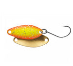 Fishing lure with orange and yellow body and gold blade on a white background