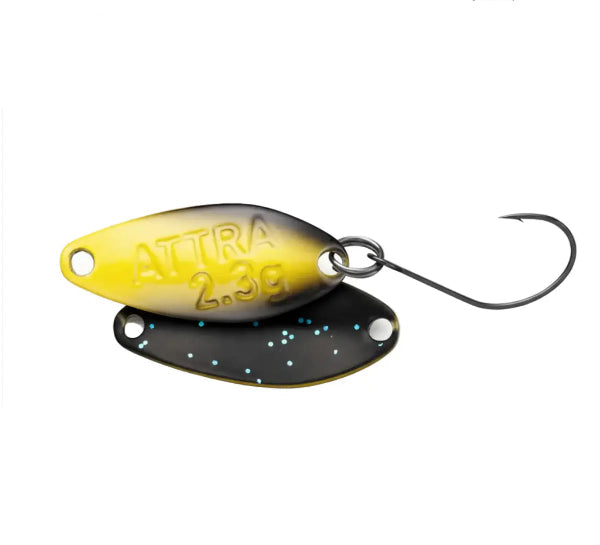 Yellow and black fishing lure with 'Attra' branding on a white background