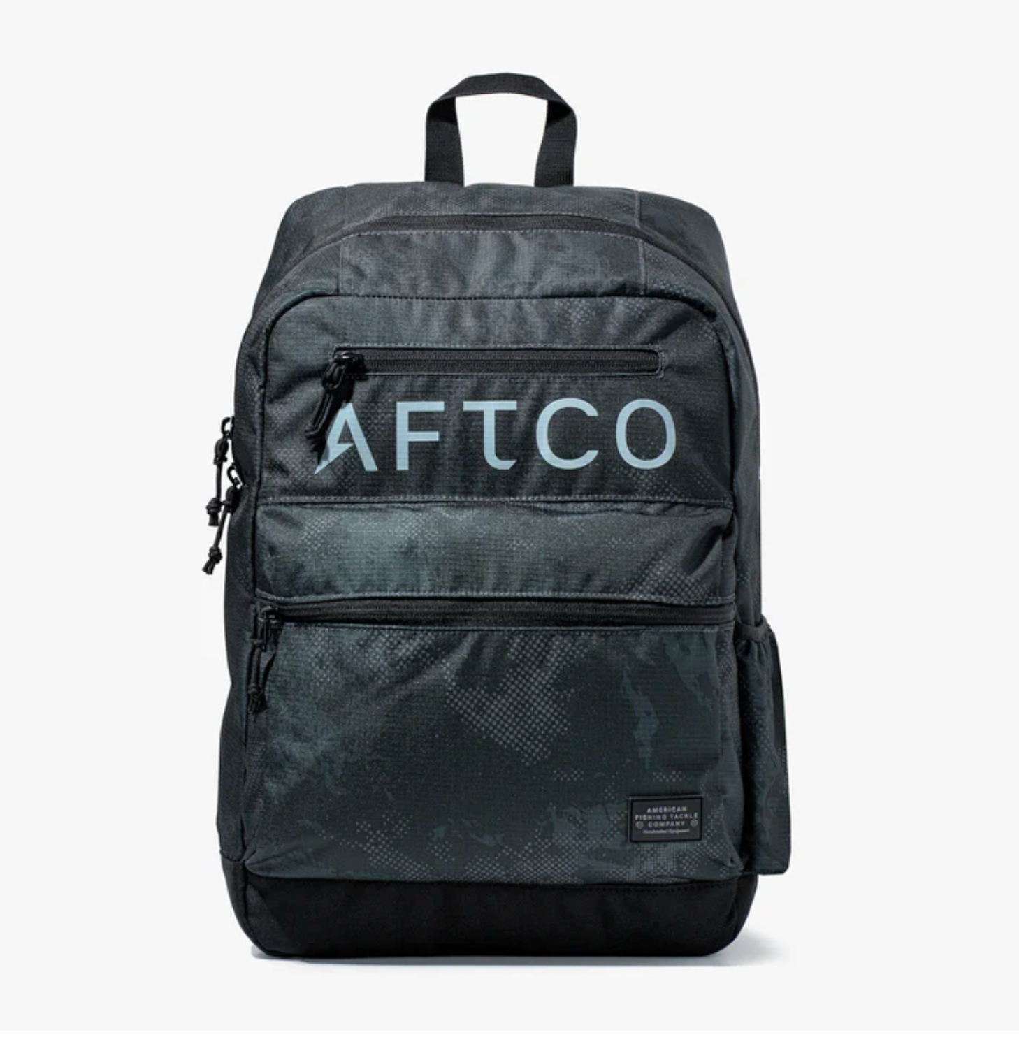 Gray backpack with 'AFTCO' branding on a white background