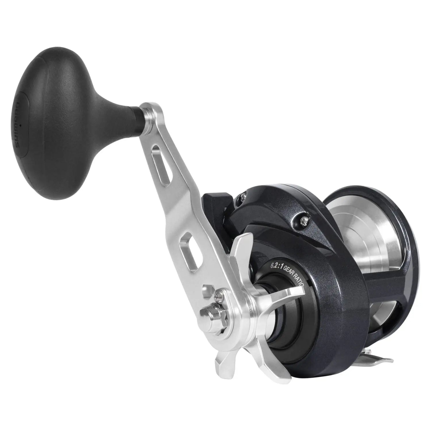 A black and silver spinning fishing reel with a black handle, shown from a three-quarters angle on a solid white background.