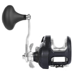 A black and silver spinning fishing reel with a black handle, shown from a side profile view against a solid white background.