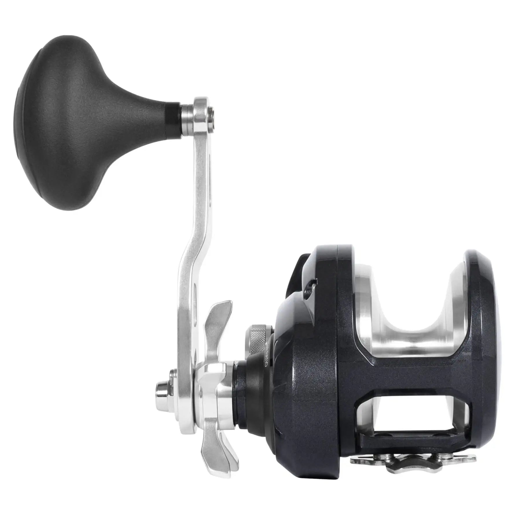 A black and silver spinning fishing reel with a black handle, shown from a side profile view against a solid white background.