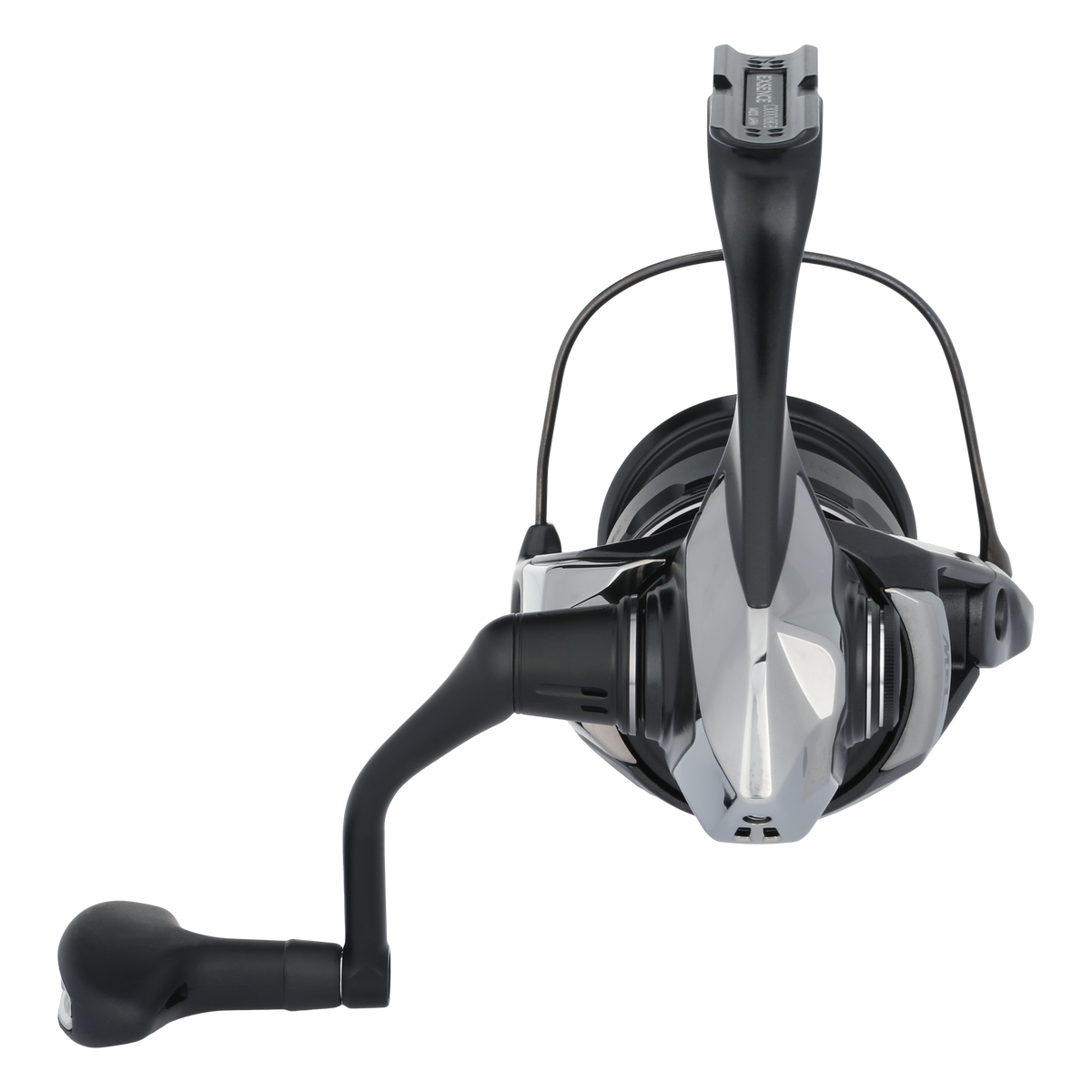 Fishing reel with black and silver design on a white background