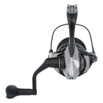 Fishing reel with black and silver design on a white background