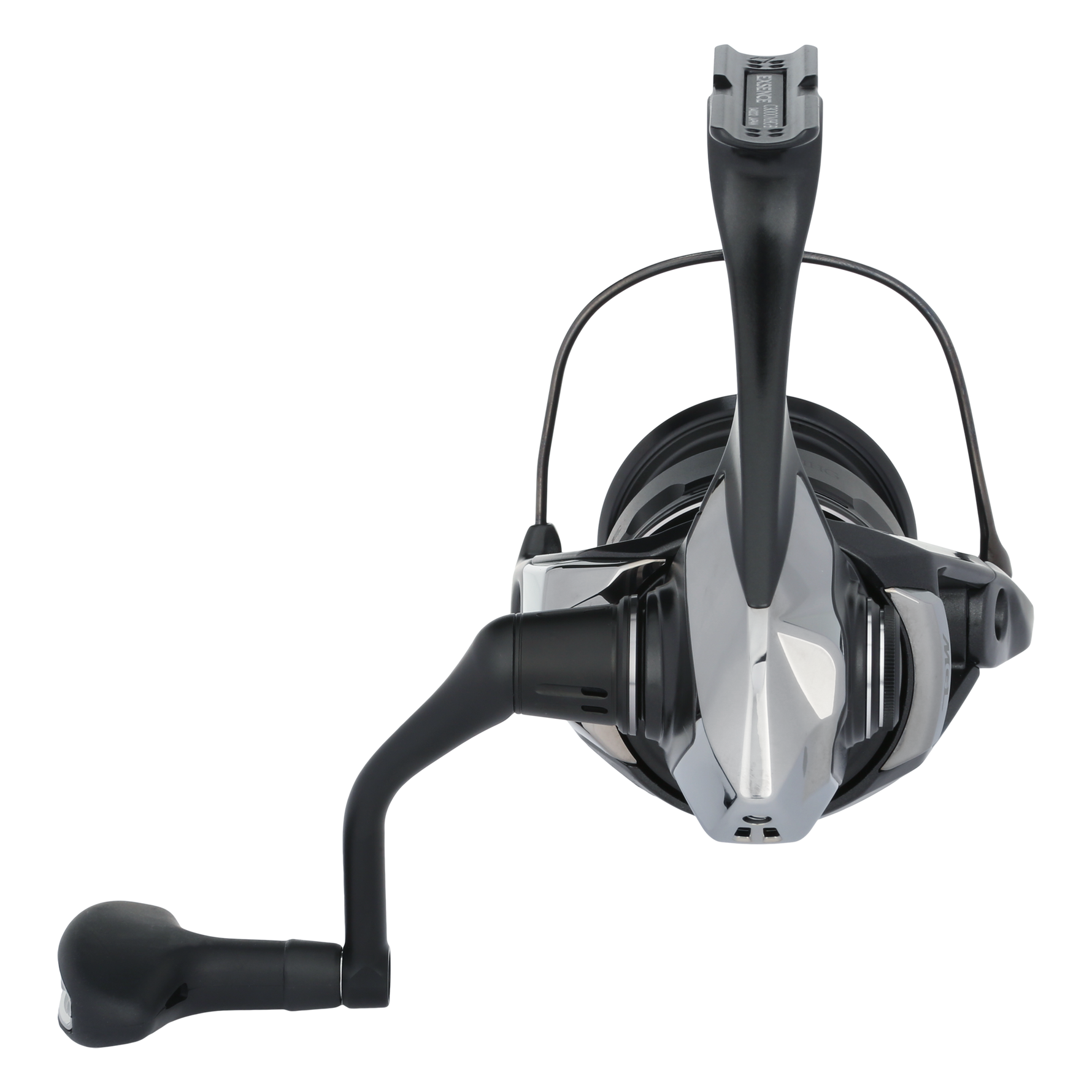 Fishing reel with black and silver design on a white background