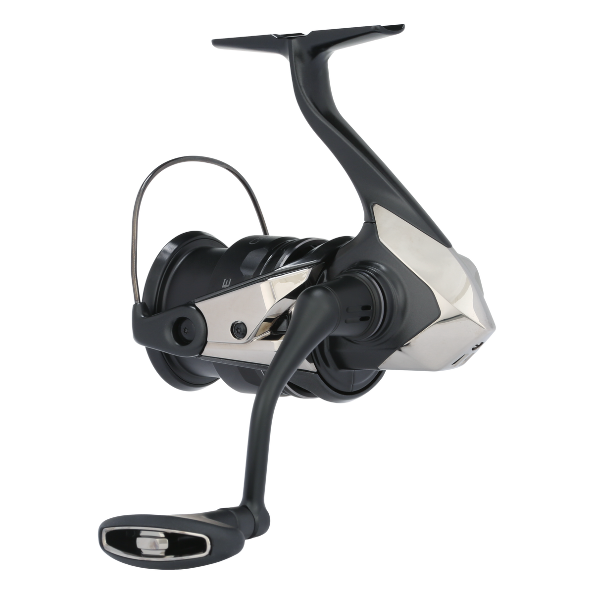 Fishing reel with black and silver design on a white background