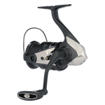 Fishing reel with black and silver design on a white background