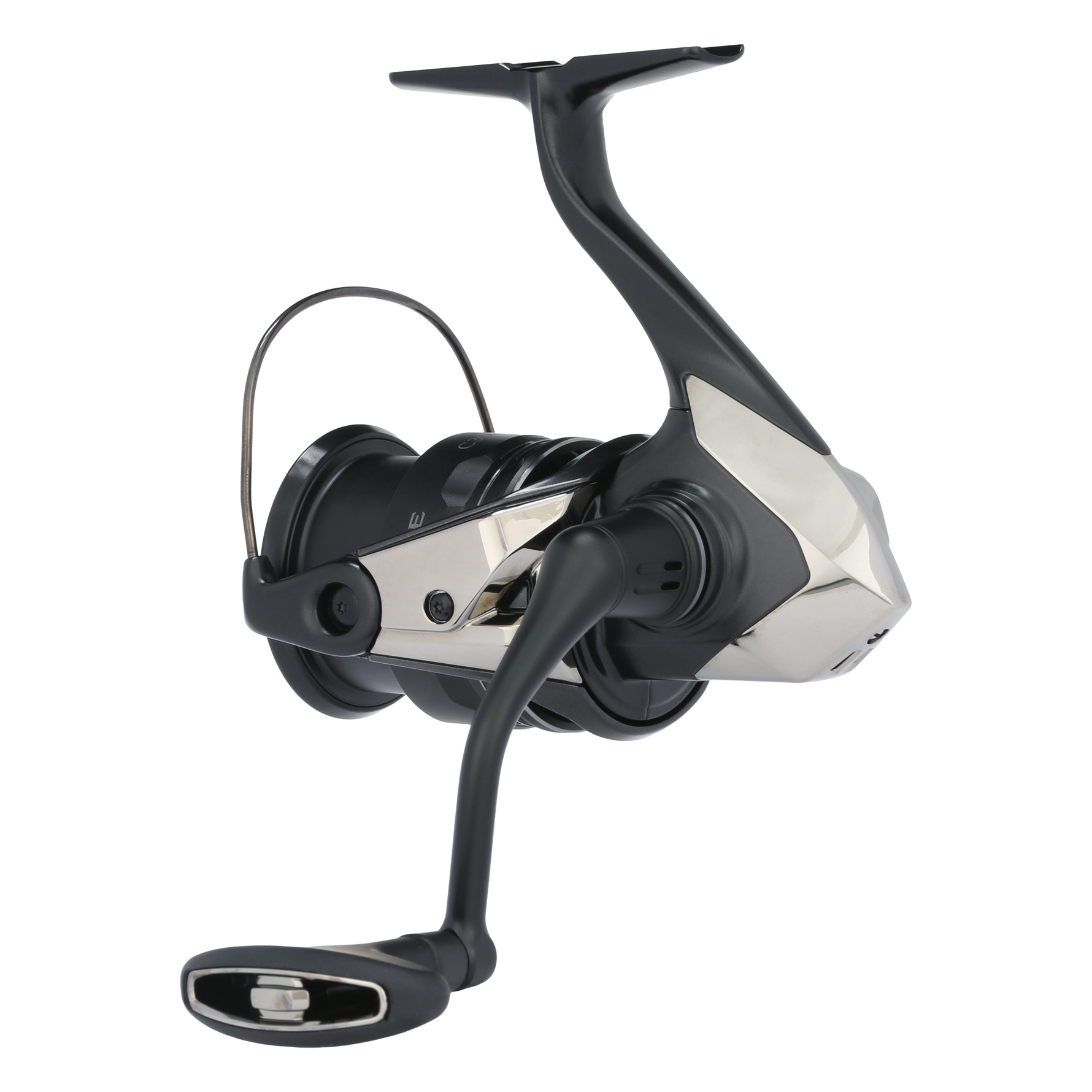 Fishing reel with black and silver design on a white background