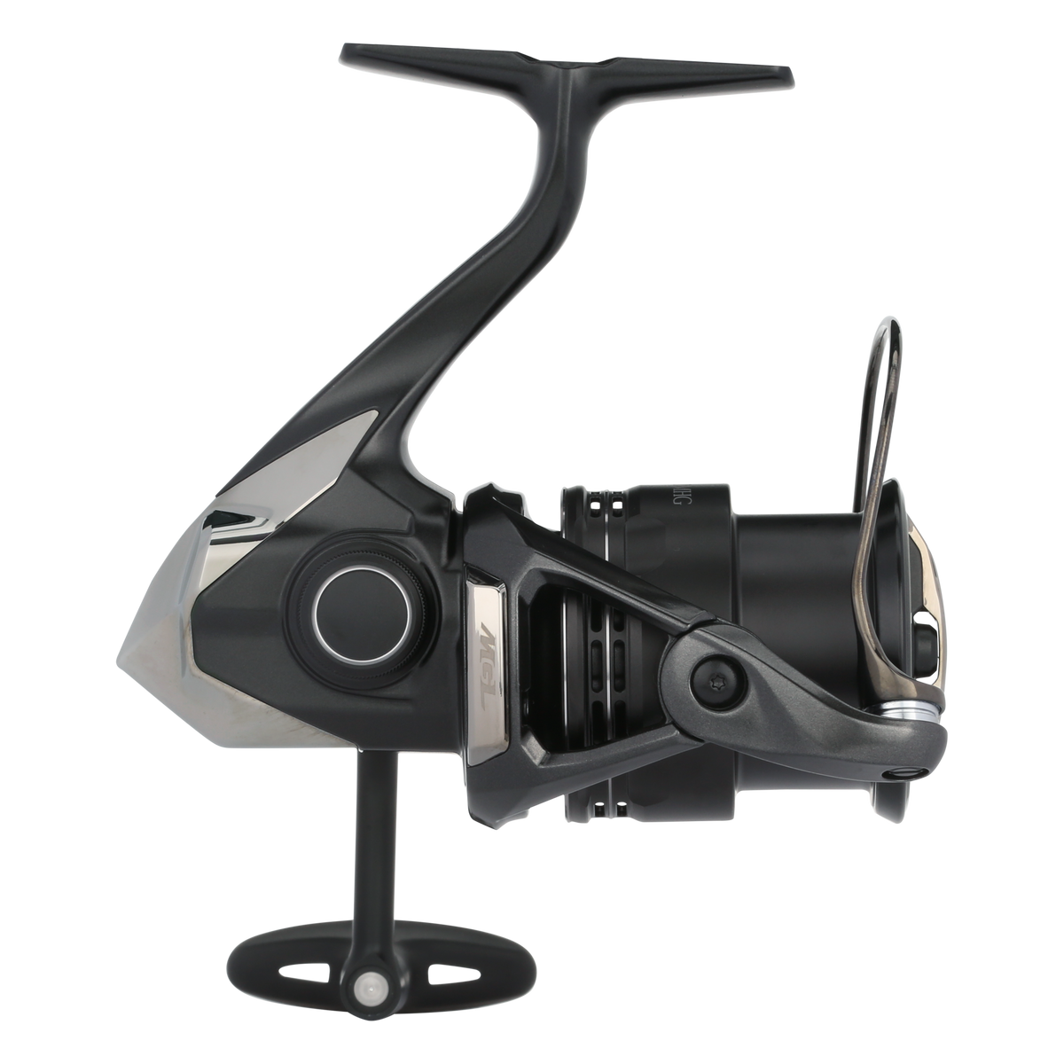 Black and silver fishing reel on a white background