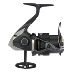 Black and silver fishing reel on a white background