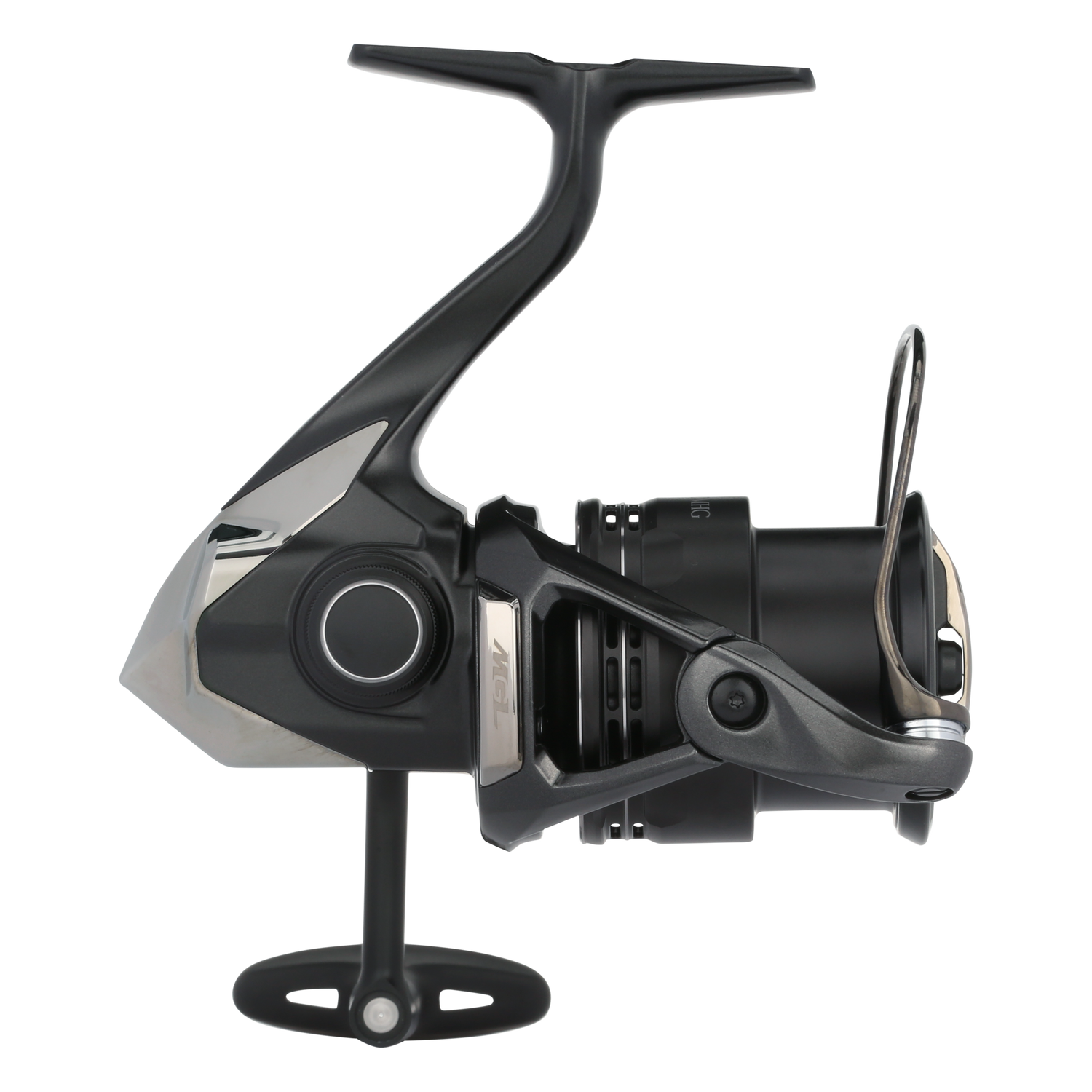Black and silver fishing reel on a white background