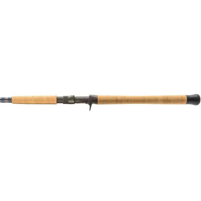Fishing rod with cork handle and black grip on a white background