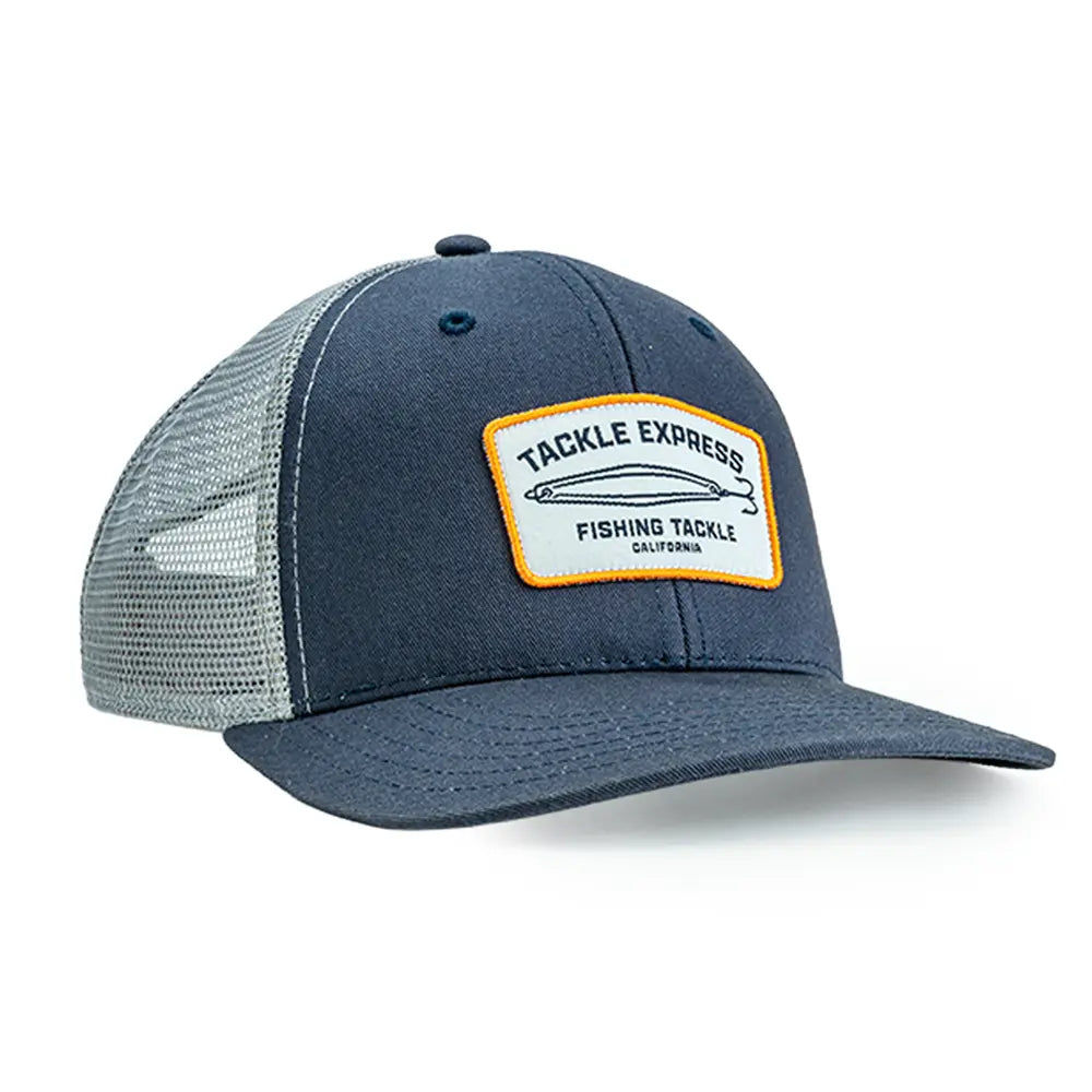 A navy blue trucker hat with a gray mesh back and a front patch reading 'Tackle Express Fishing Tackle California'.