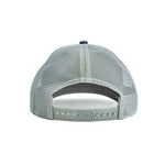The back view of a light gray mesh trucker cap with a matching gray adjustable snapback strap.