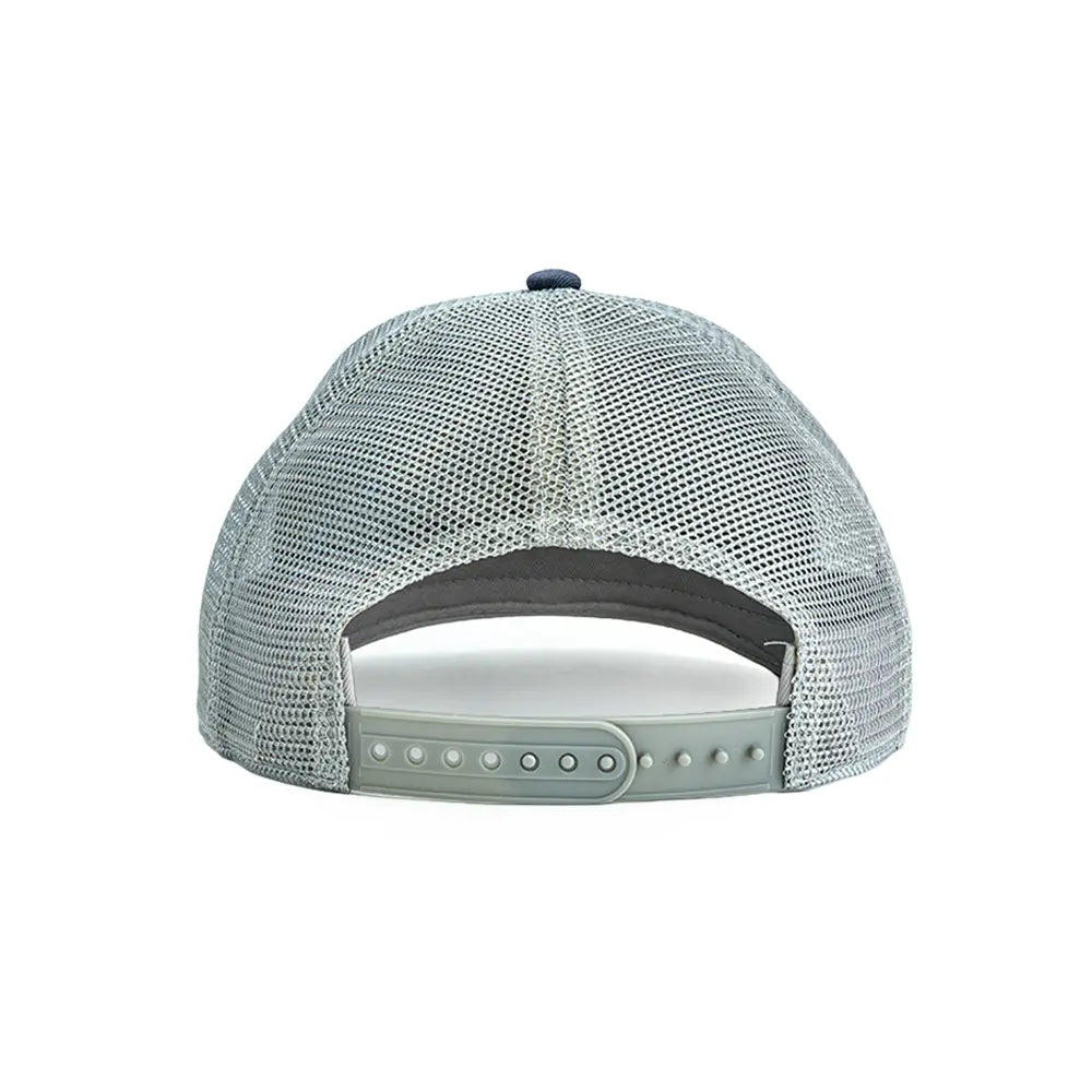 The back view of a light gray mesh trucker cap with a matching gray adjustable snapback strap.
