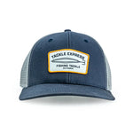 A navy blue trucker hat with a white front patch that reads 'Tackle Express Fishing Tackle' and features a orange border, set against a plain white background.