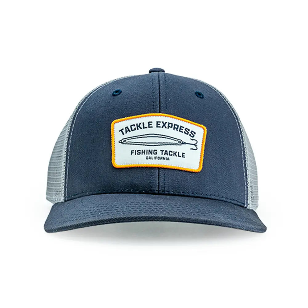 A navy blue trucker hat with a white front patch that reads 'Tackle Express Fishing Tackle' and features a orange border, set against a plain white background.