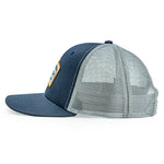 Navy and gray cap with mesh back and text on a white background