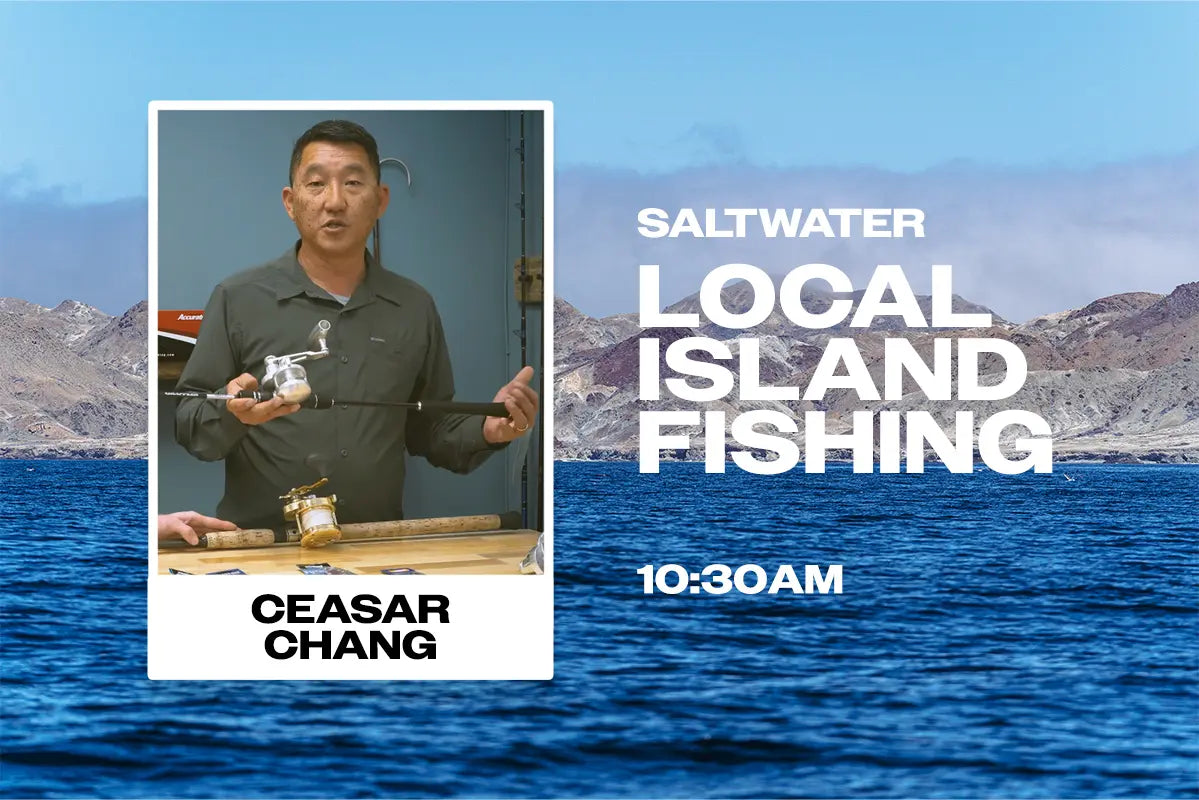Promotional graphic for a saltwater local island fishing show with a person holding a fishing reel, set against a scenic ocean and mountain backdrop.