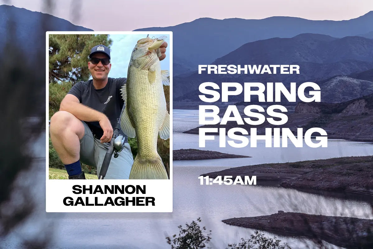 Promotional graphic for freshwater spring bass fishing featuring a person with a large fish, set against a scenic background.