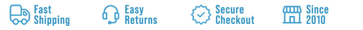 Set of icons representing fast shipping, easy returns, secure checkout, and a store since 2010.