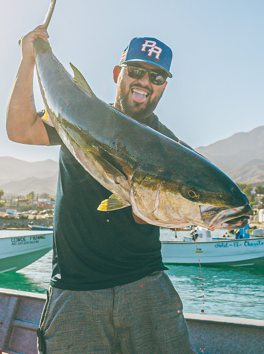 Man holding a large yellowtail with mountains and boats in the background