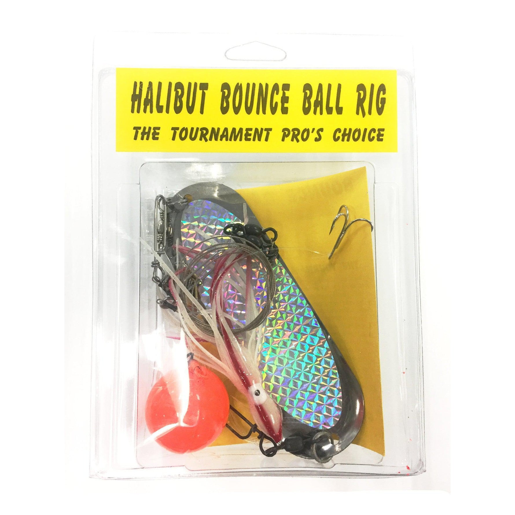 Halibut bounce ball rig packaging with yellow label on a white background